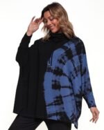 Poncho Em Malha Estampado Gola Rolê E Mangas Curtas - Azul