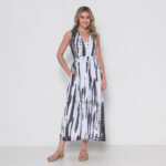 Vestido Em Malha Estampado Regata Decote V Com Bolsos - Branco