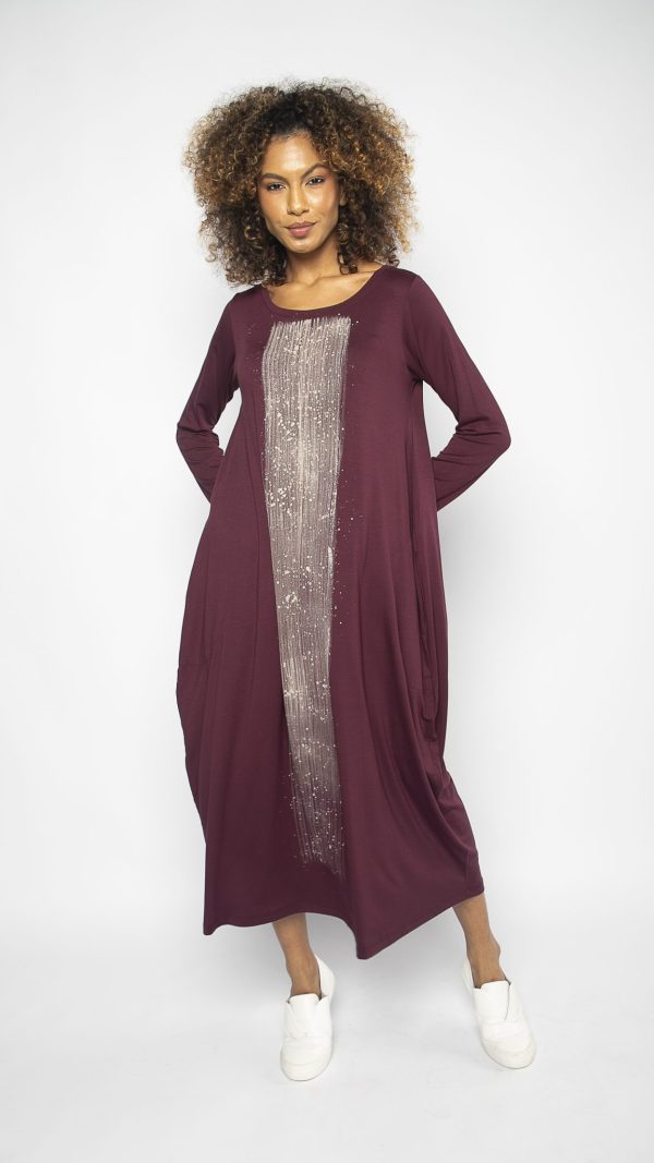 Vestido em Malha Manga Longa Estampado - Vinho