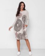 Vestido Curto em Malha Estampado Manga Longa - Areia