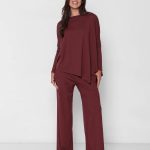 Conjunto Diagonal Feminino em Malha Manga Longa - Marrom