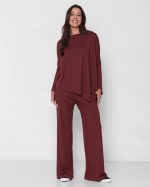 Conjunto Diagonal Feminino em Malha Manga Longa - Marrom