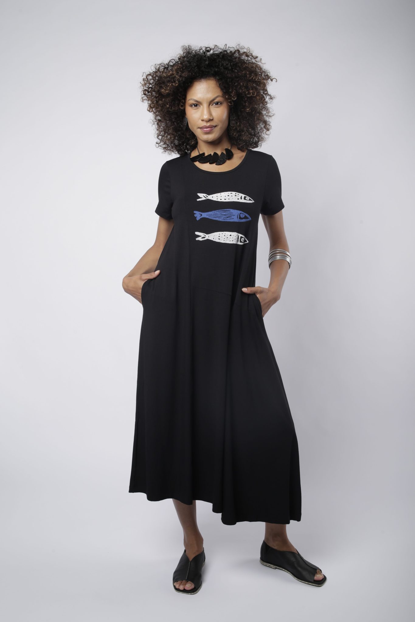 _D3_5101 Vestido Em Malha Com Manga Curta - Preto - Imagem 1