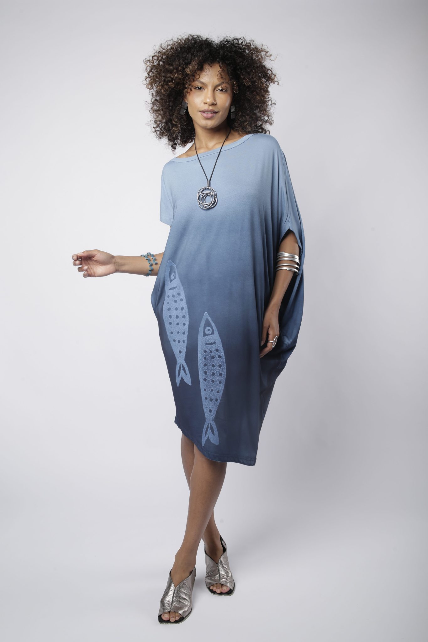 _D3_5157 Vestido Feminino Em Malha Manga Curta - Petróleo - Imagem 1